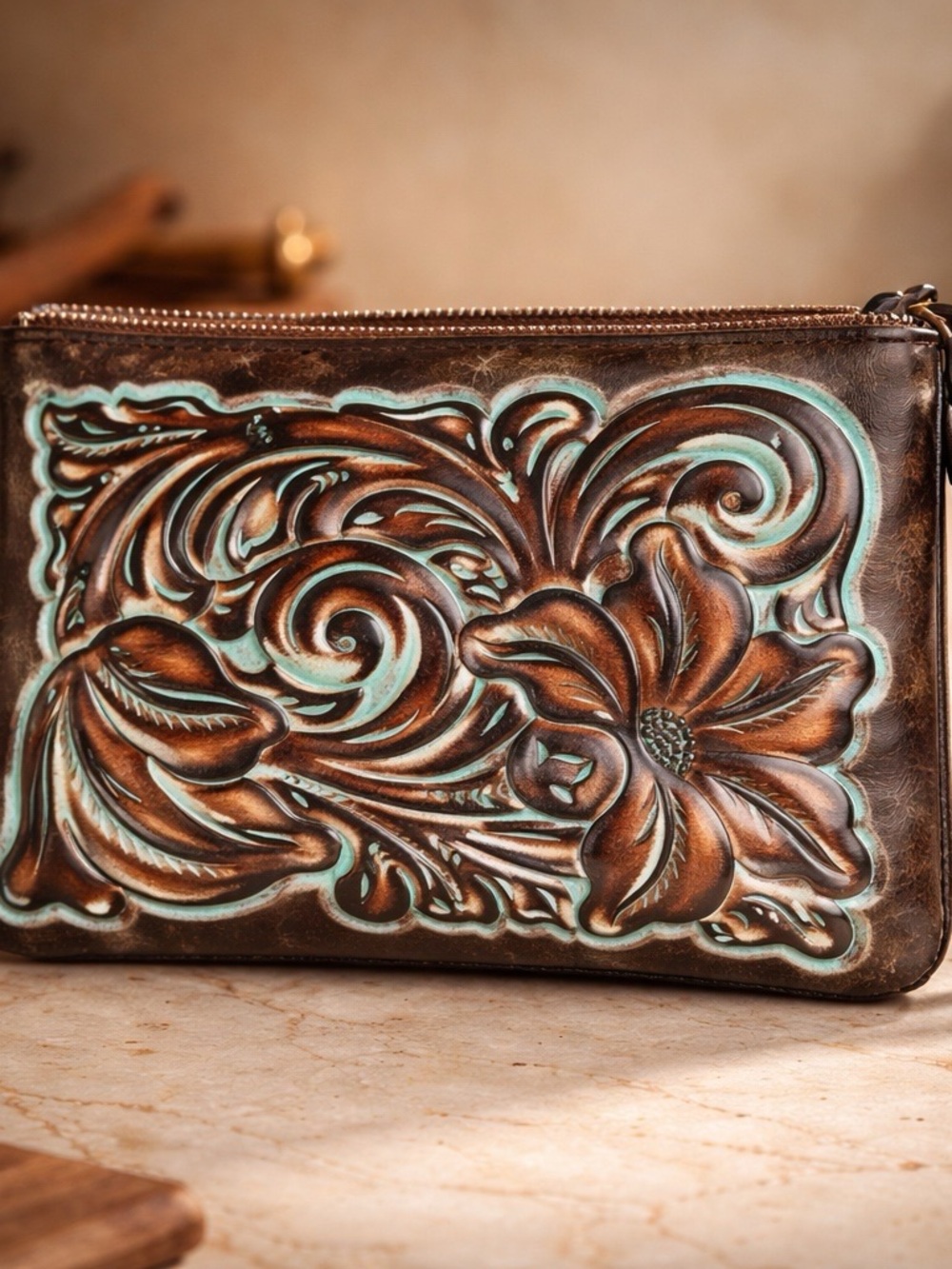 Patricia Nash Brown Leather Tooled Floral Wristlet with Turquoise Highlights